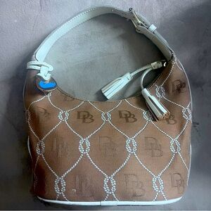 DOONEY & BOURKE DB BEIGE FABRIC CANVAS WHITE LEATHER TRIM HOBO  SATCHEL HANDBAG
